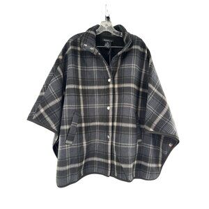 Parasuco Womens L/XL Plaid Poncho‎ Cape Coat Grey & White 100% Polyester
